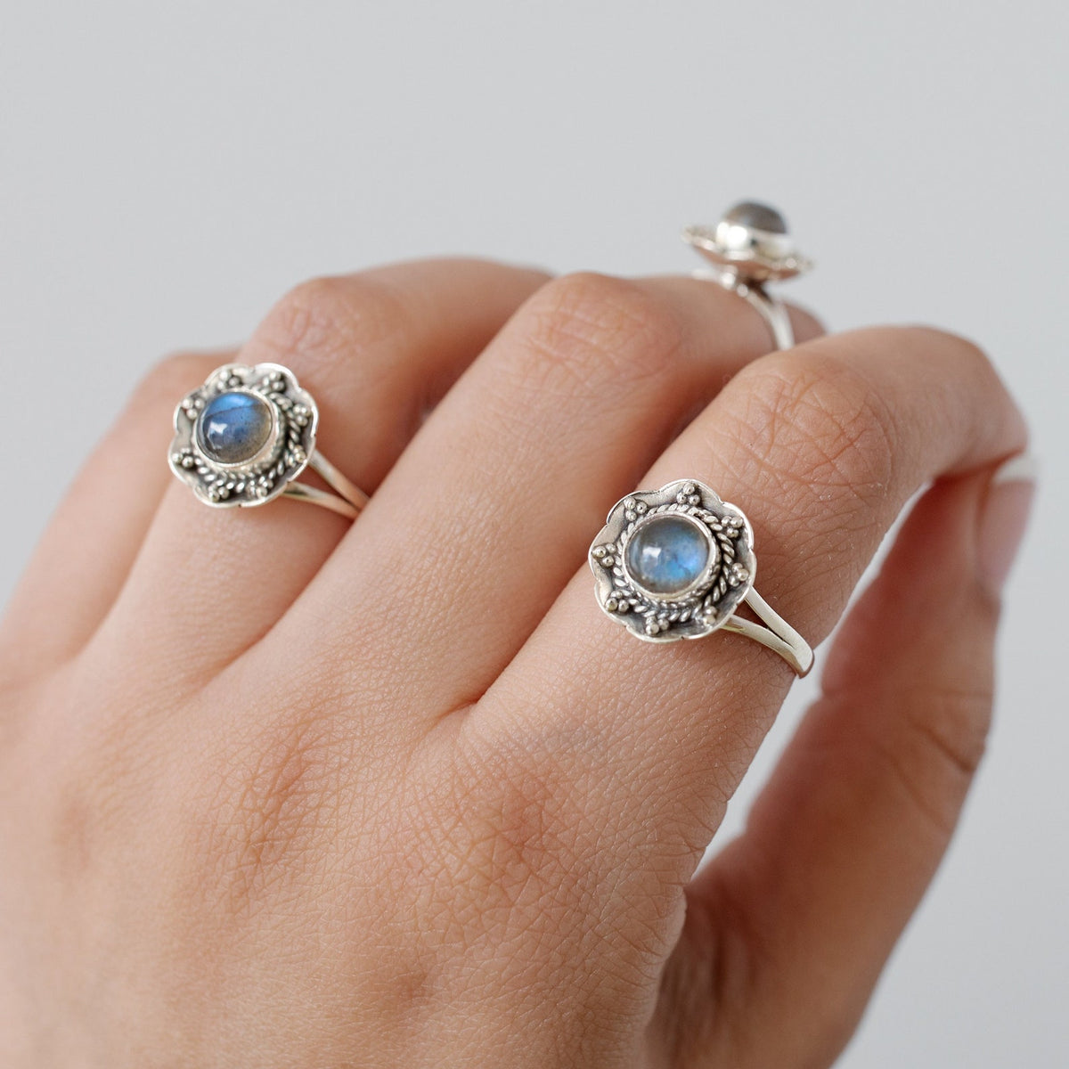Natural Labradorite Botanical Ring in Sterling Silver