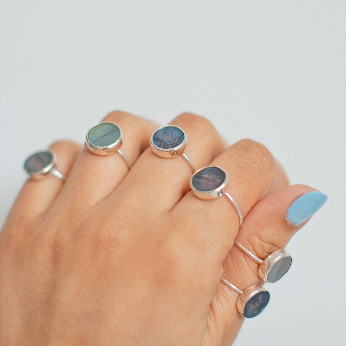 Rainbow Labradorite Round Gemstone 925 Silver Ring
