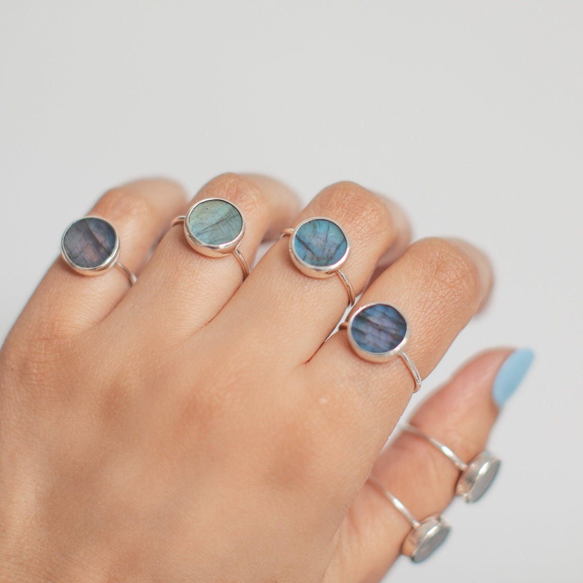 Rainbow Labradorite Round Gemstone 925 Silver Ring