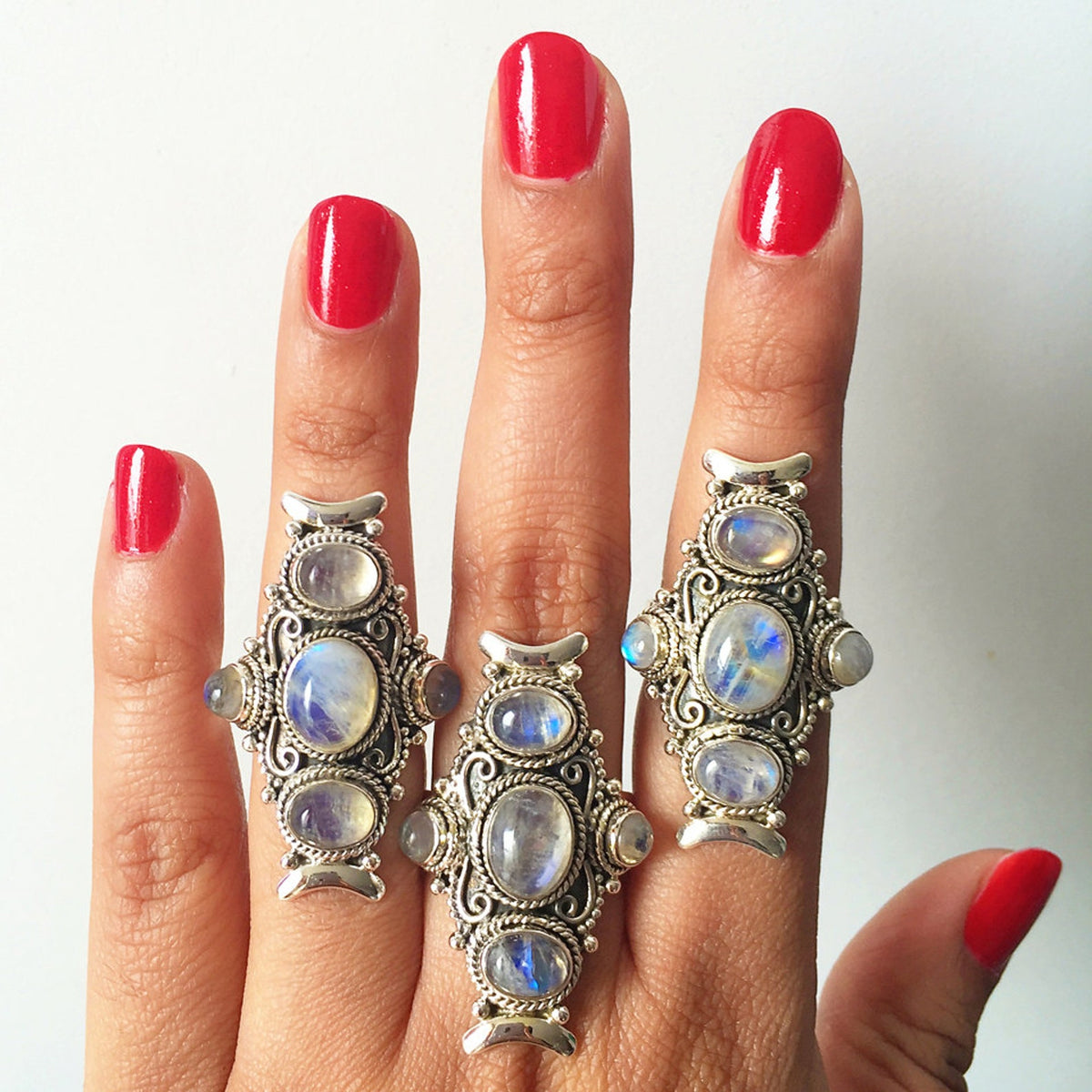 Large Bohemian Ring, Moon Stone Ring Sterling Silver