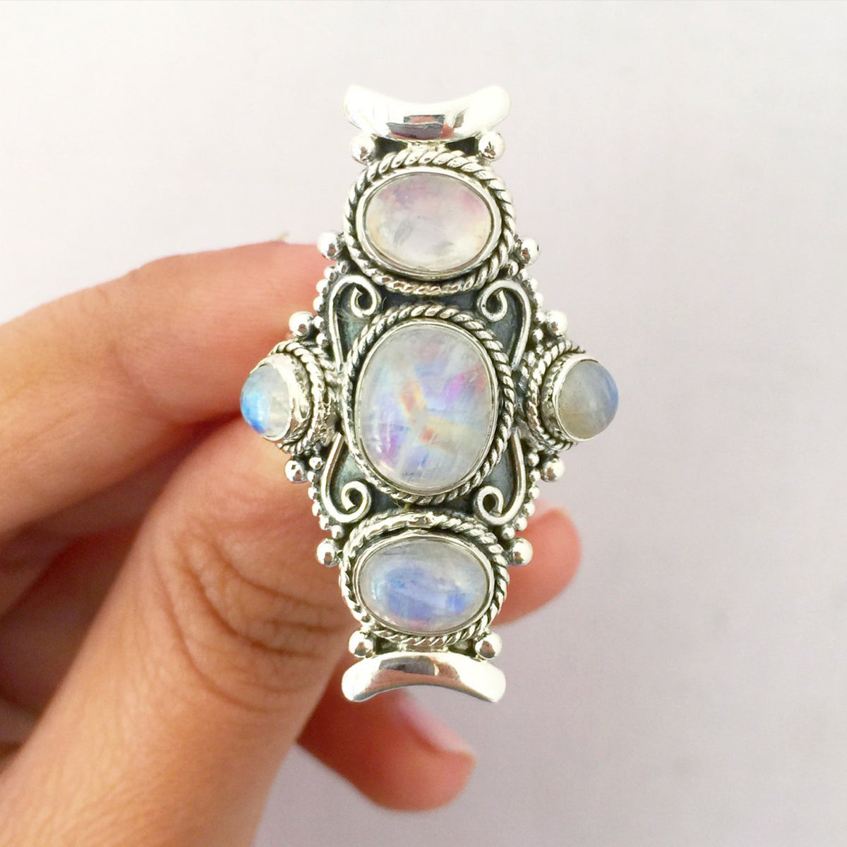 Large Bohemian Ring, Moon Stone Ring Sterling Silver