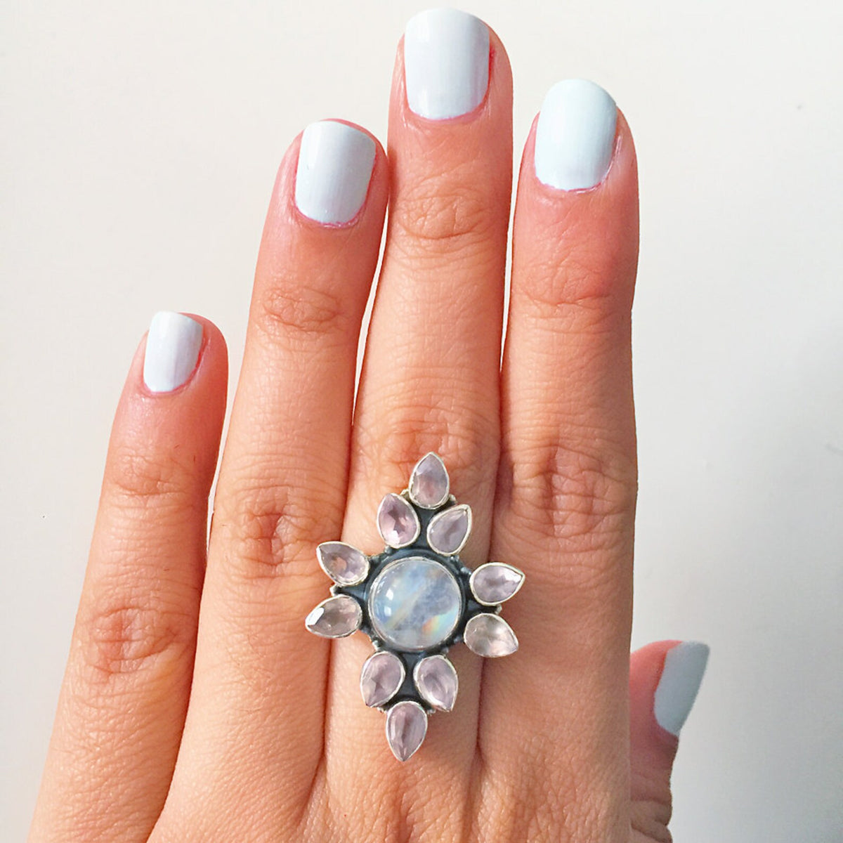 Rose Quartz - Moonstone Ring, Statement Jewelry