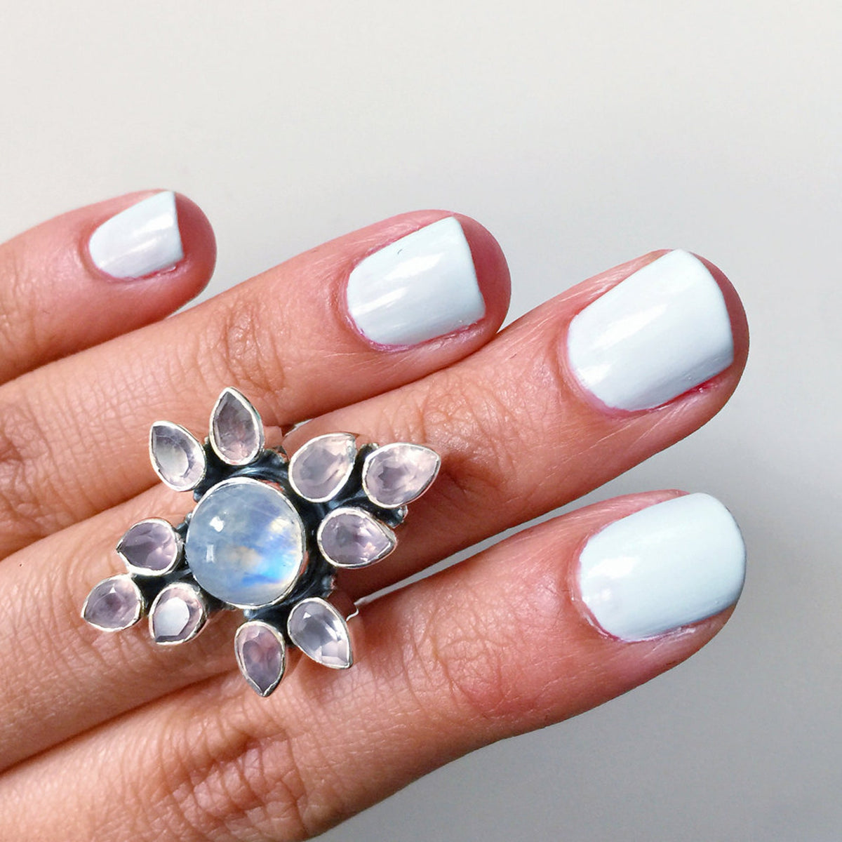 Rose Quartz - Moonstone Ring, Statement Jewelry