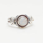 Round Moonstone Ring, Silver Leaf Ring