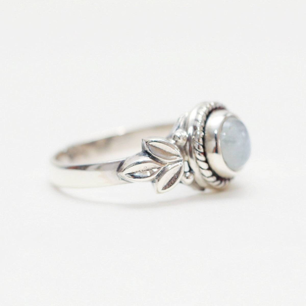 Round Moonstone Ring, Silver Leaf Ring