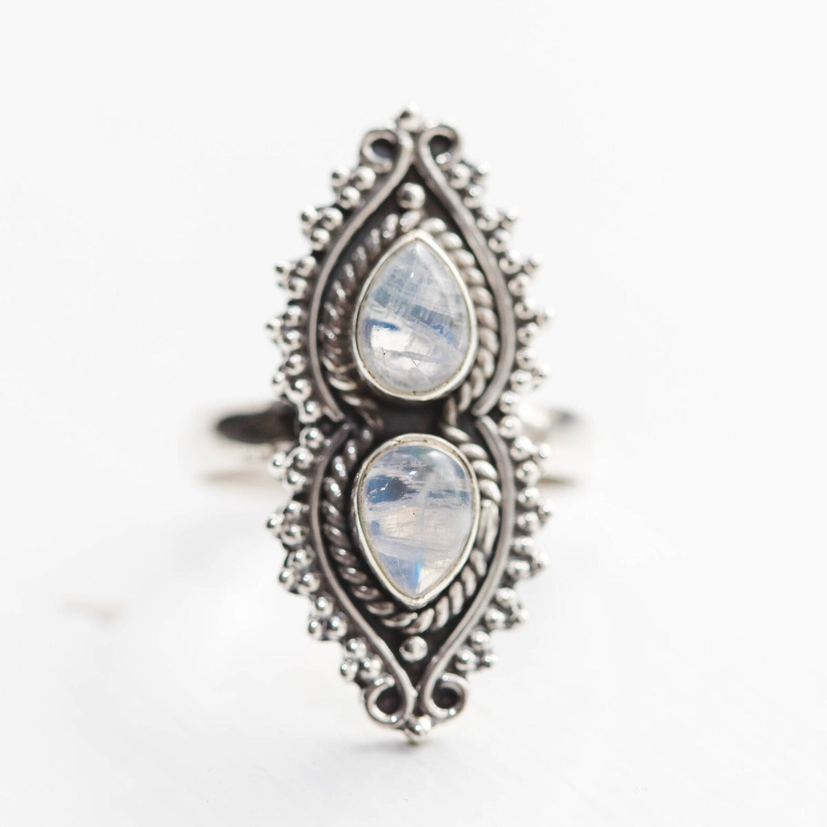 Two Moonstone Ring, Unique Silver Ring