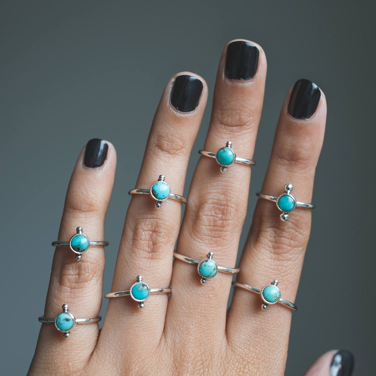 Round Turquoise Ring, Silver Dot Ring