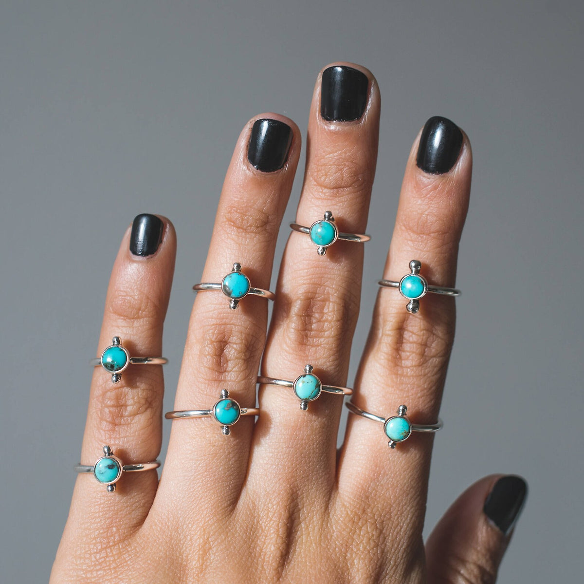 Round Turquoise Ring, Silver Dot Ring
