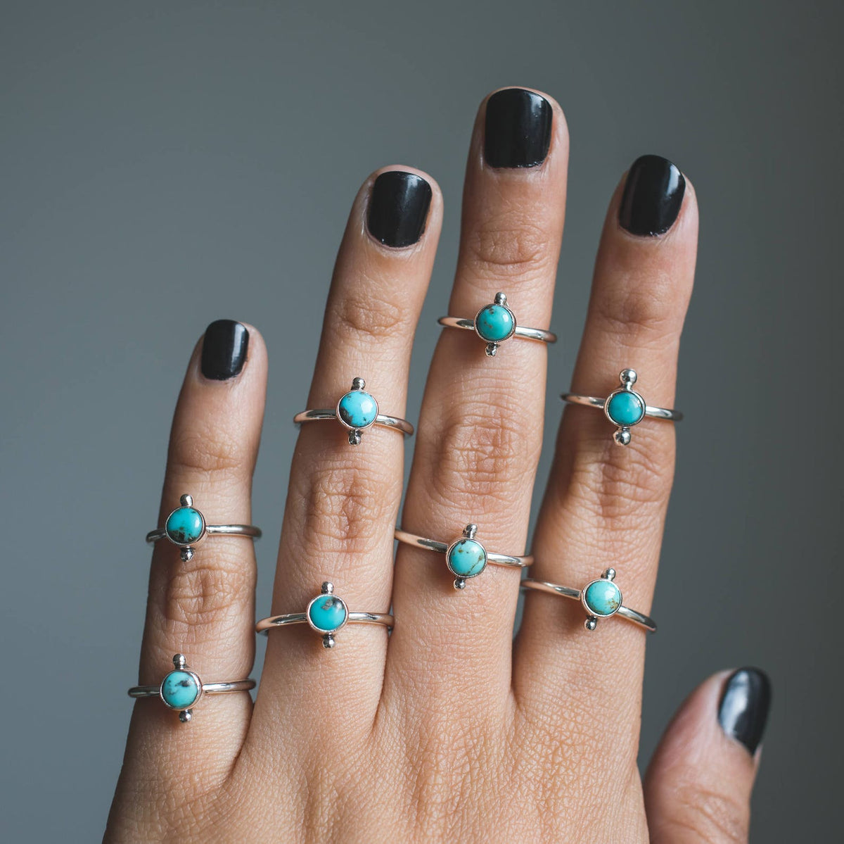 Round Turquoise Ring, Silver Dot Ring