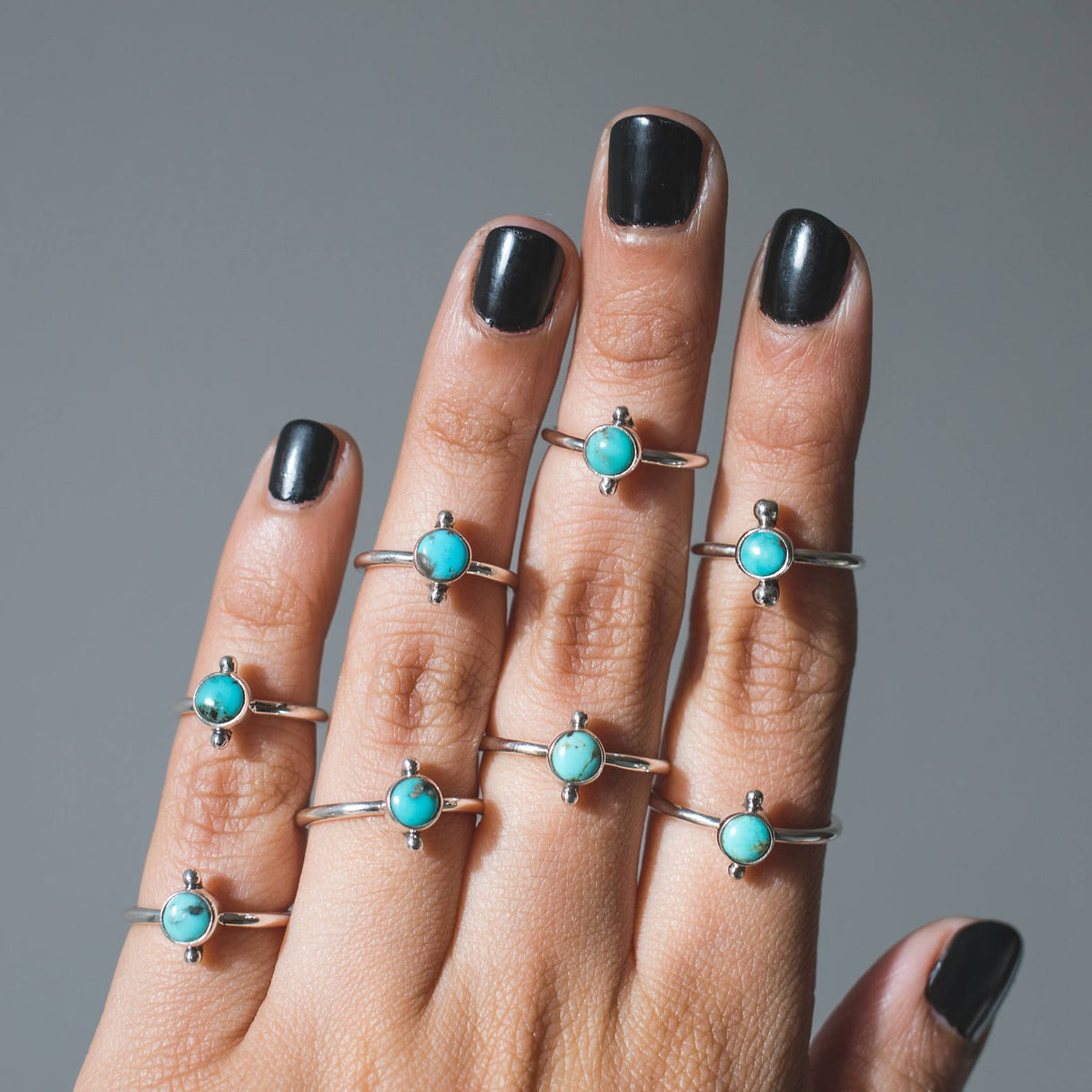 Round Turquoise Ring, Silver Dot Ring