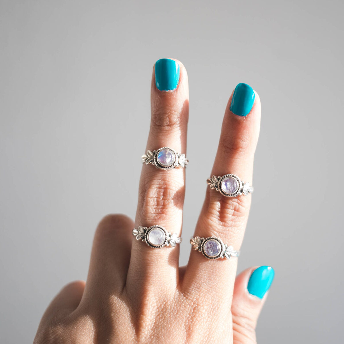 Round Moonstone Ring, Silver Leaf Ring
