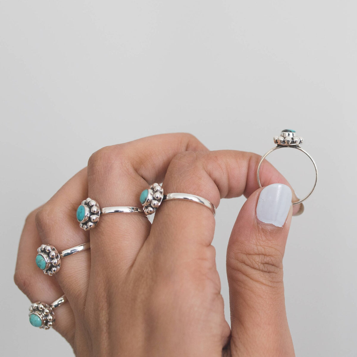 Genuine Turquoise Ring, Silver Flower Ring