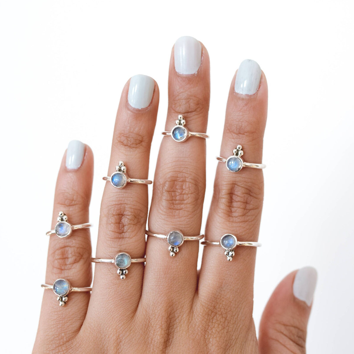 Tiny Moonstone Ring, Round Blue Moonstone Ring