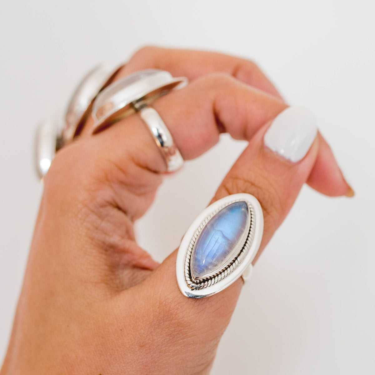 Galaxy Ring, Navette Ring, Large Moonstone Ring