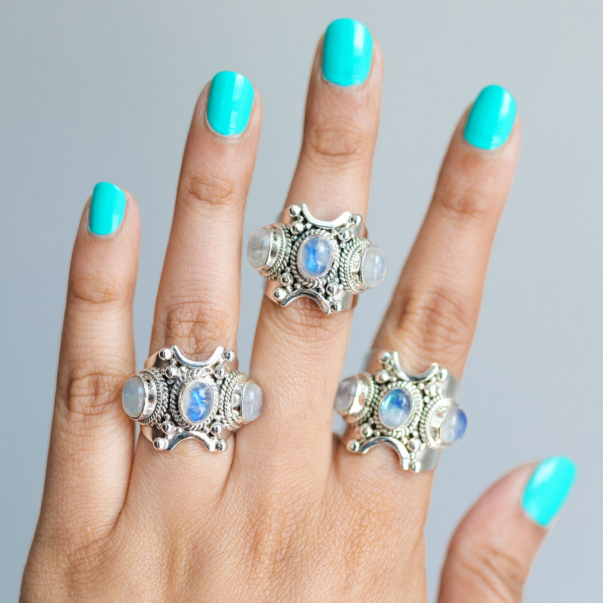 Art Deco Moonstone Ring, Triple Moonstone Ring