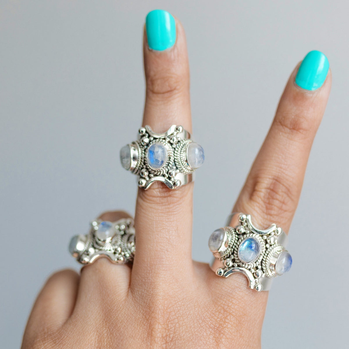 Art Deco Moonstone Ring, Triple Moonstone Ring