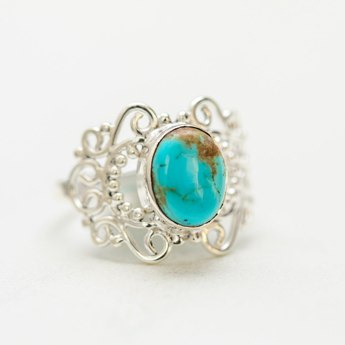 Turquoise Boho Ring, Ornate Silver Ring