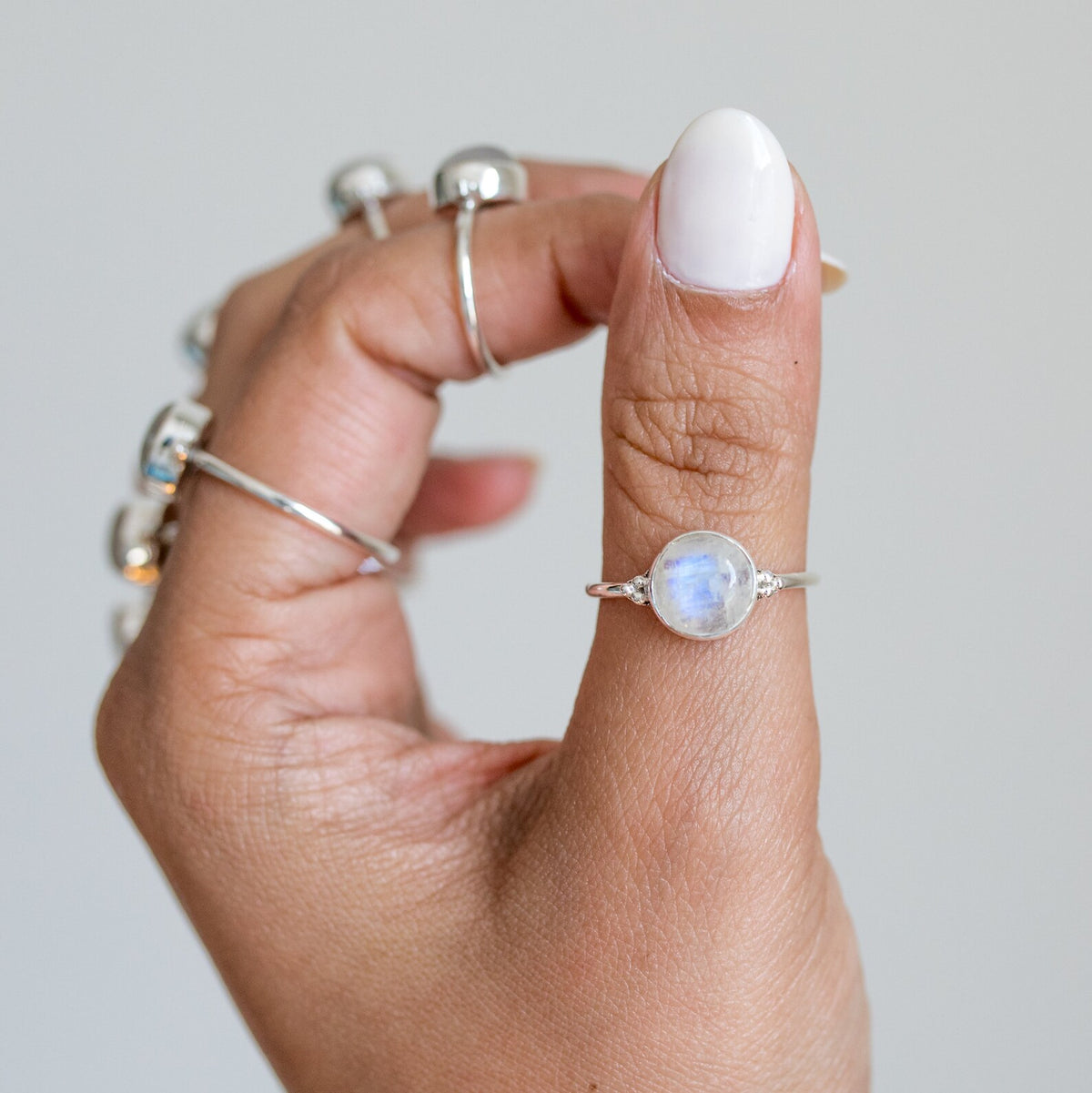 Round Moonstone Ring, Delicate Silver Ring