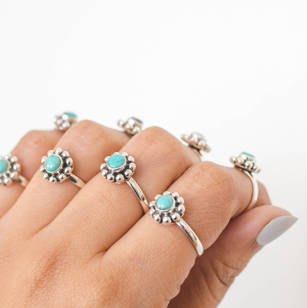 Genuine Turquoise Ring, Silver Flower Ring