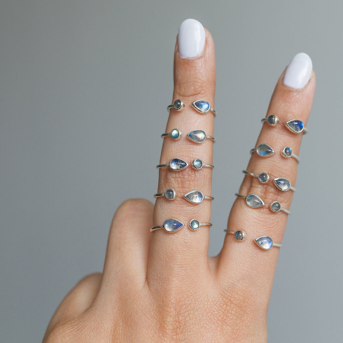 Blue Moonstone & Labradorite Adjustable Dainty Stacking Ring, Thin Silver Rings