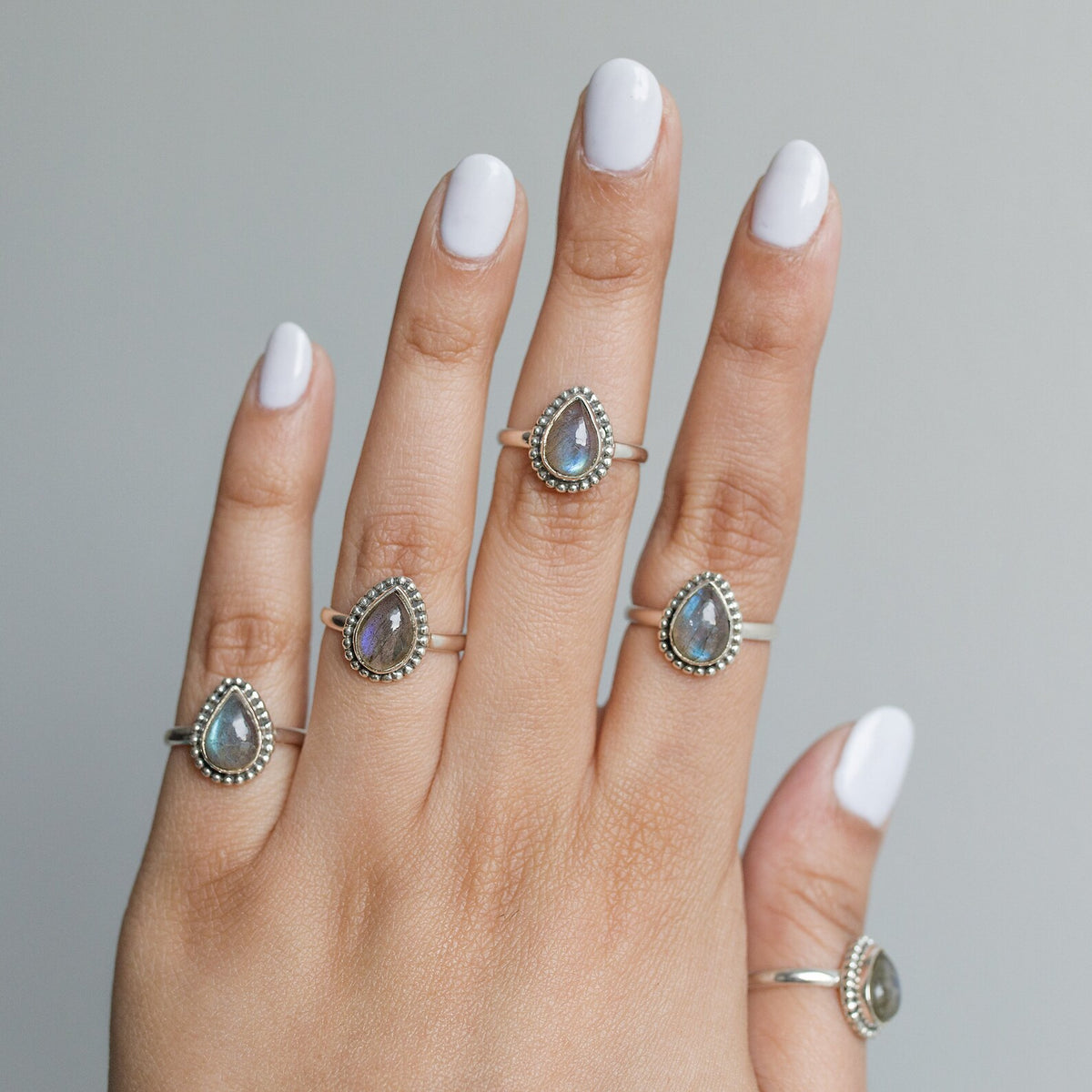 Labradorite Crystal Rain Drop Ring, Silver Dot Ring