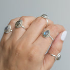 Labradorite Crystal Rain Drop Ring, Silver Dot Ring