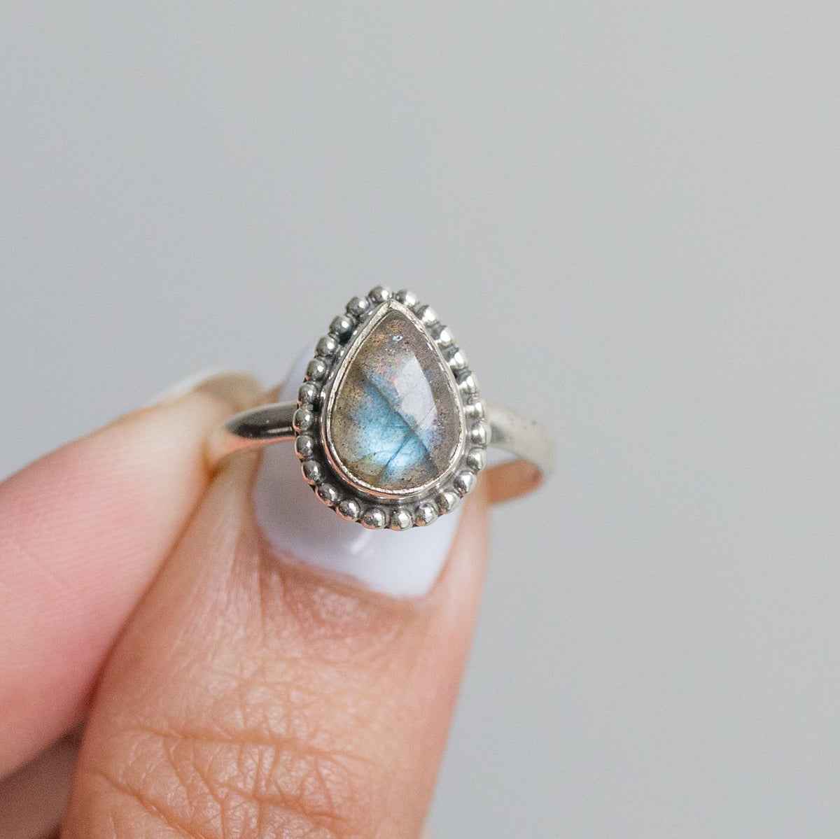Labradorite Crystal Rain Drop Ring, Silver Dot Ring