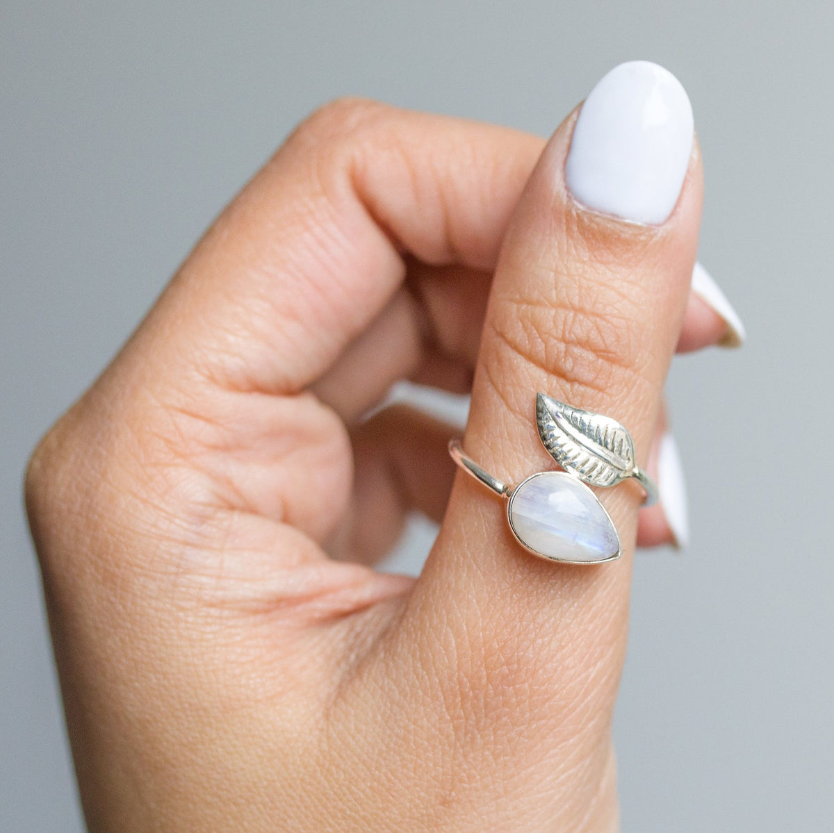 Moonstone Crystal Silver Leaf Ring, Adjustable Ring