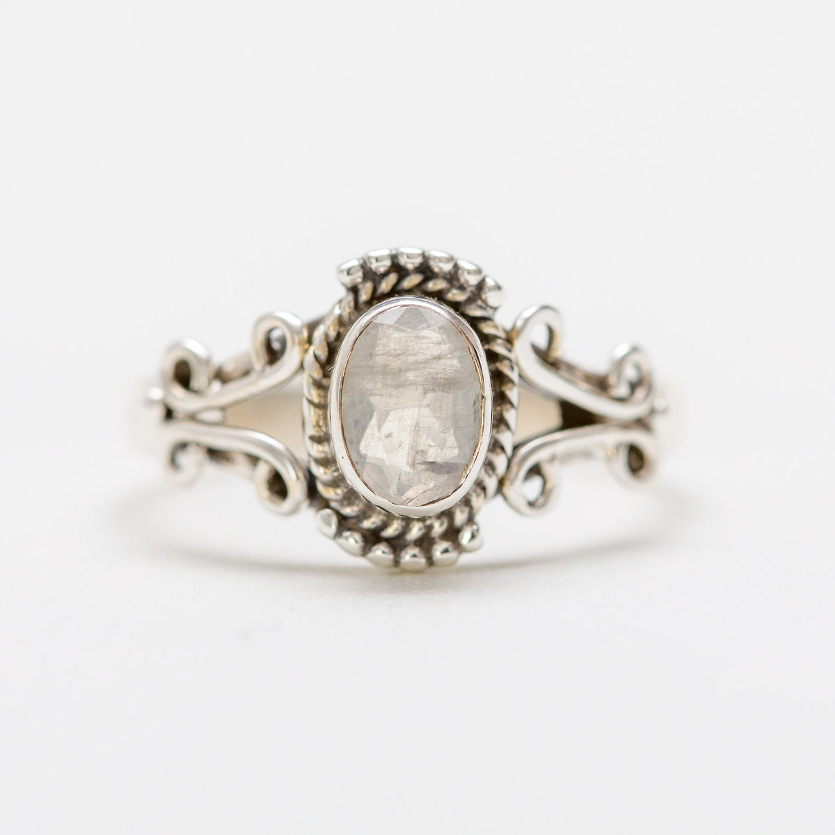 Blue Moonstone Silver Stamped Ring - Faceted Stone Ring