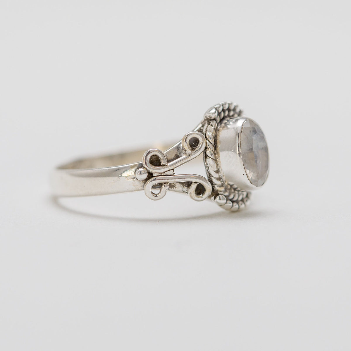 Blue Moonstone Silver Stamped Ring - Faceted Stone Ring
