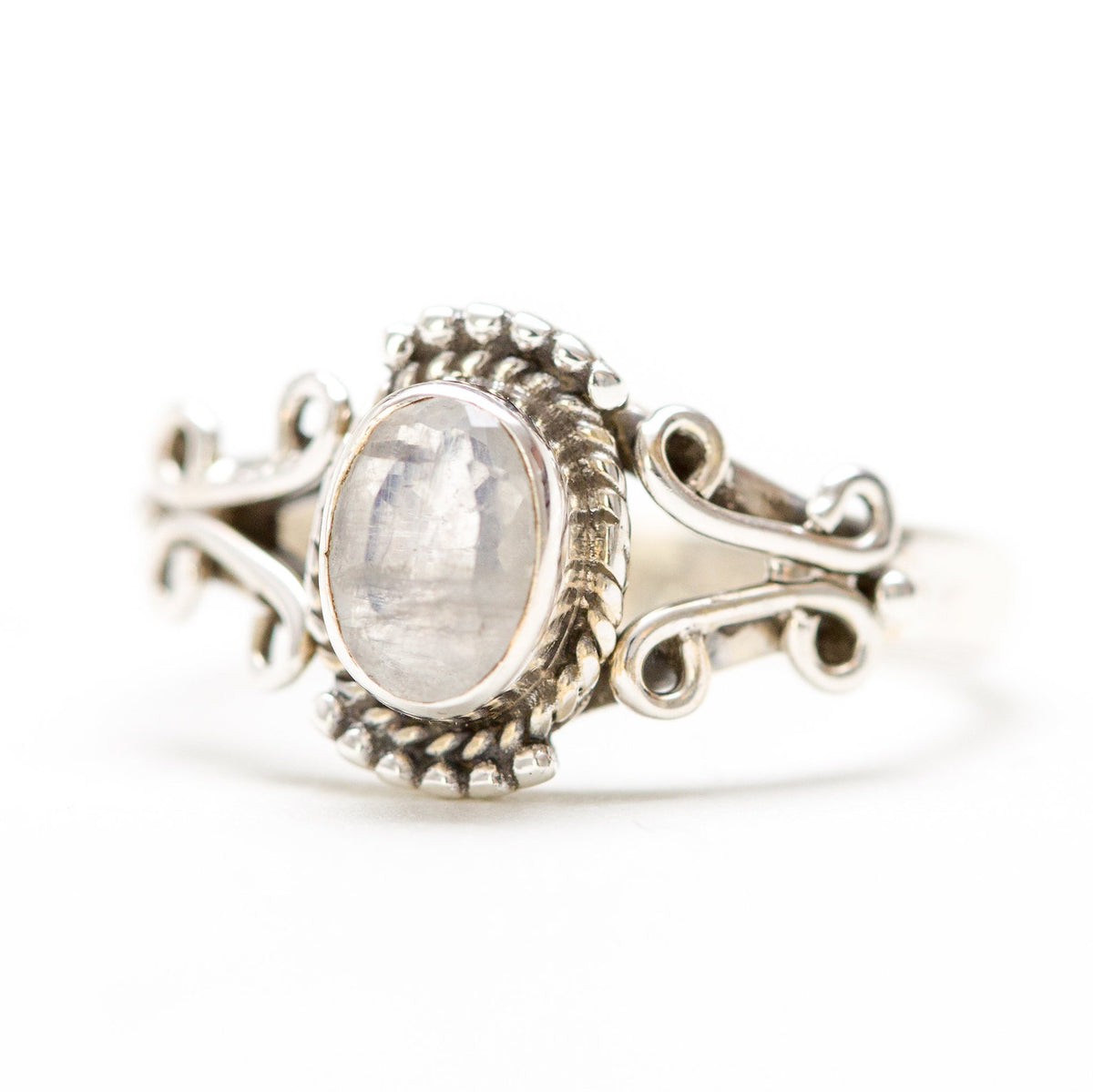 Blue Moonstone Silver Stamped Ring - Faceted Stone Ring