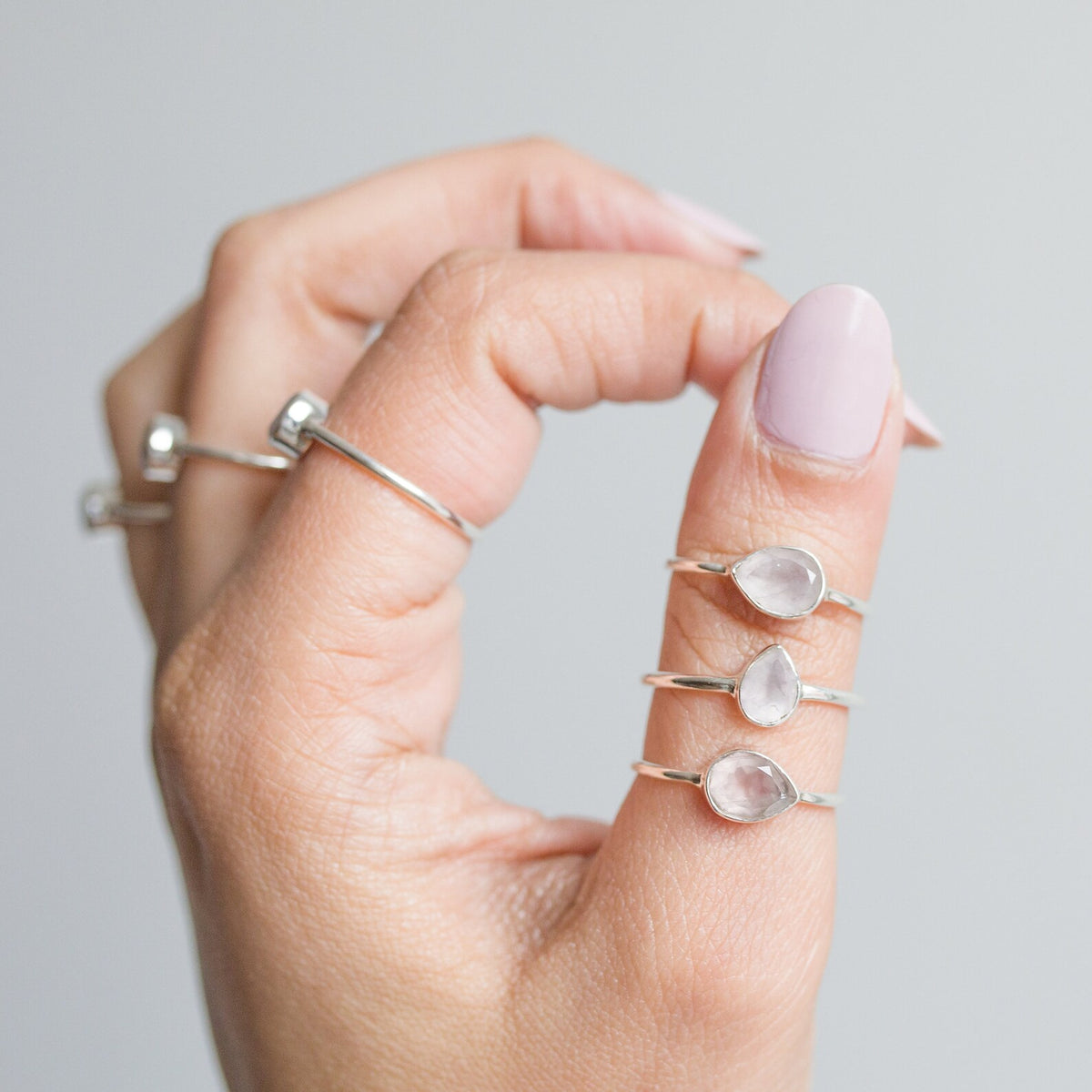 Natural Rose Quartz Crystal Ring, Teardrop Stone Ring in Sterling Silver