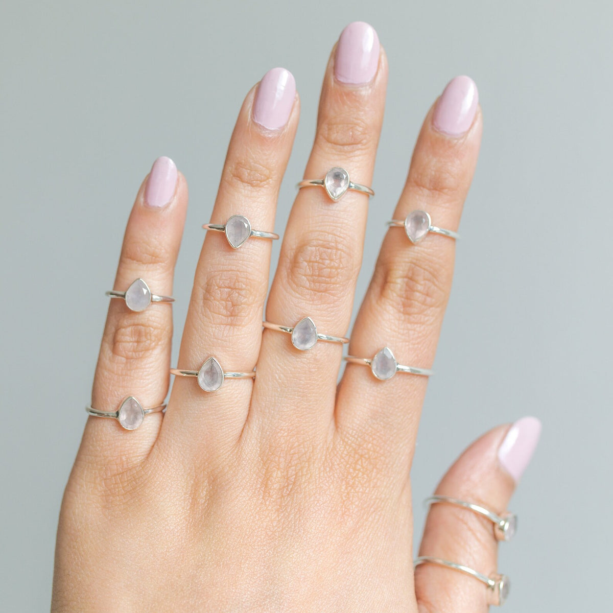 Natural Rose Quartz Ring, Teardrop Stone Ring in Sterling Silver