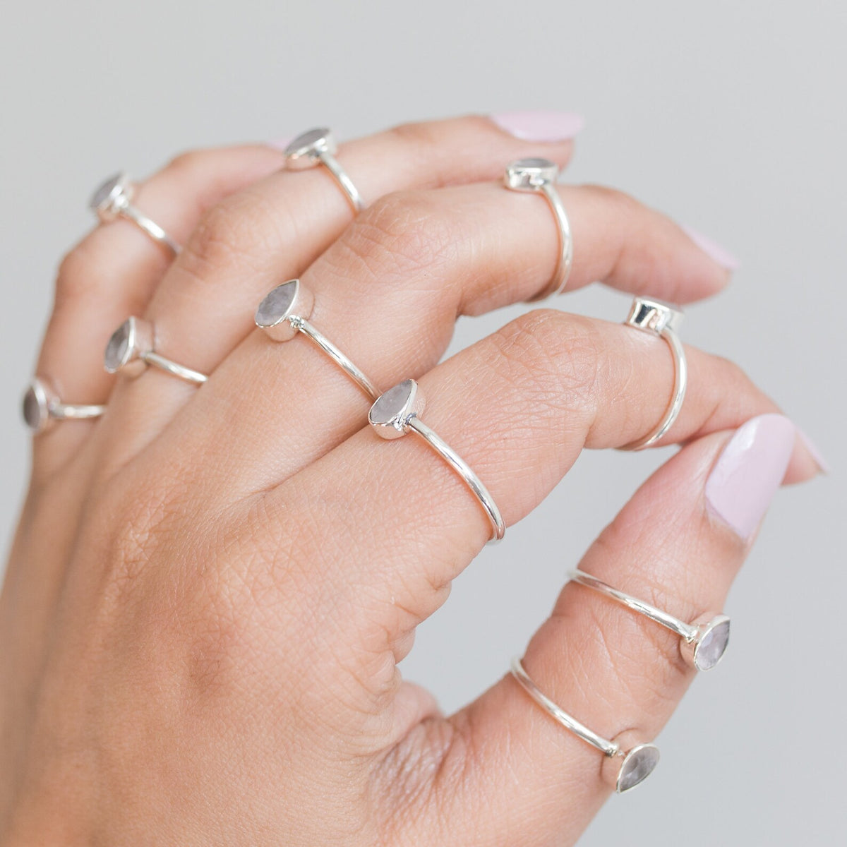 Natural Rose Quartz Ring, Teardrop Stone Ring in Sterling Silver