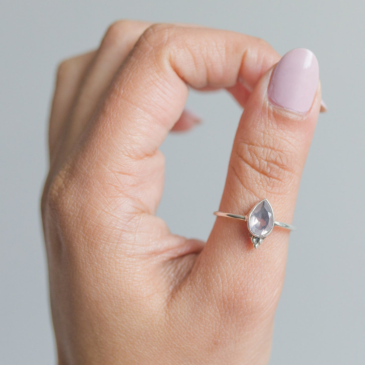 Pear Rose Quartz Silver Ring - Crystal Quartz Ring