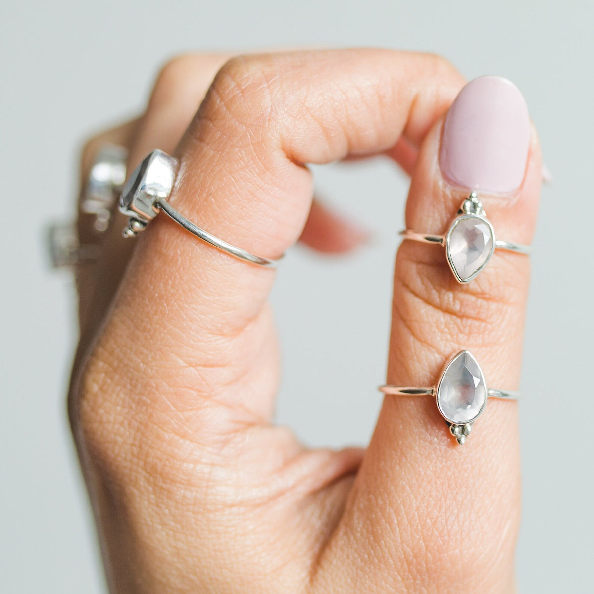Pear Rose Quartz Silver Ring - Crystal Quartz Ring