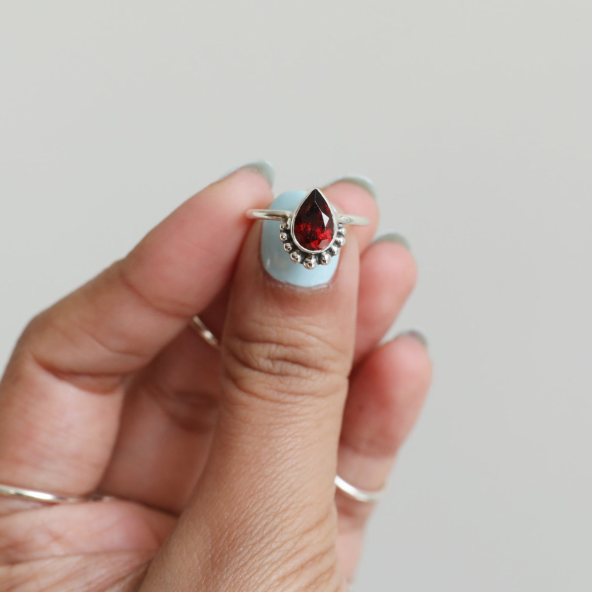 Minimalist Garnet Ring, Pear Garnet Birthstone Ring
