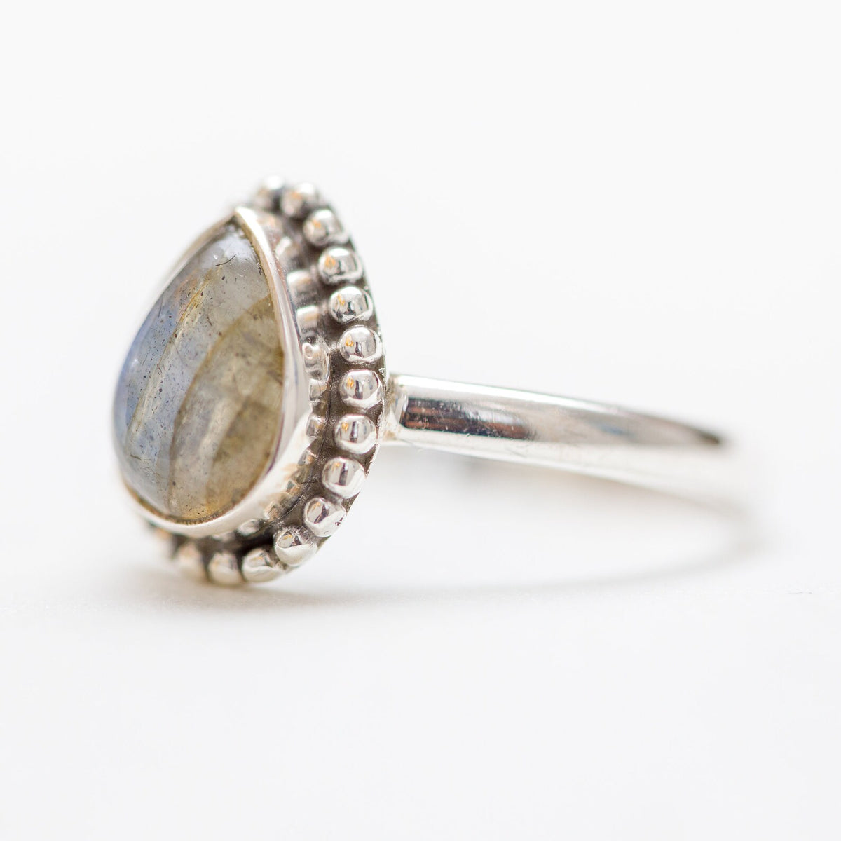 Labradorite Crystal Rain Drop Ring, Silver Dot Ring