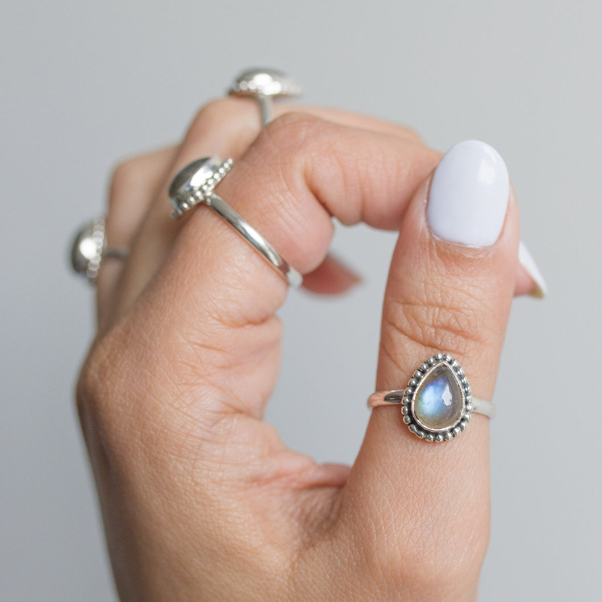 Labradorite Crystal Rain Drop Ring, Silver Dot Ring