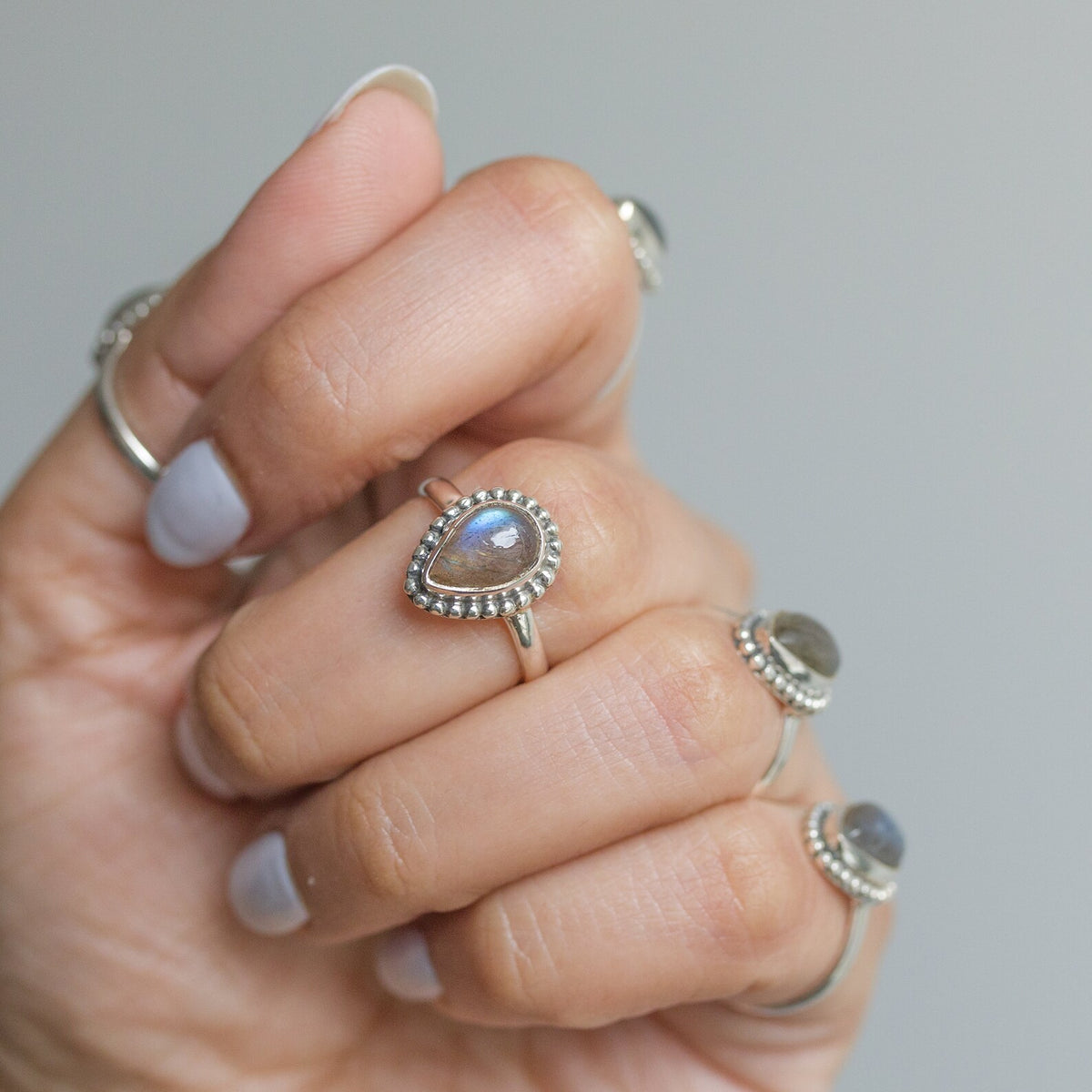 Labradorite Crystal Rain Drop Ring, Silver Dot Ring