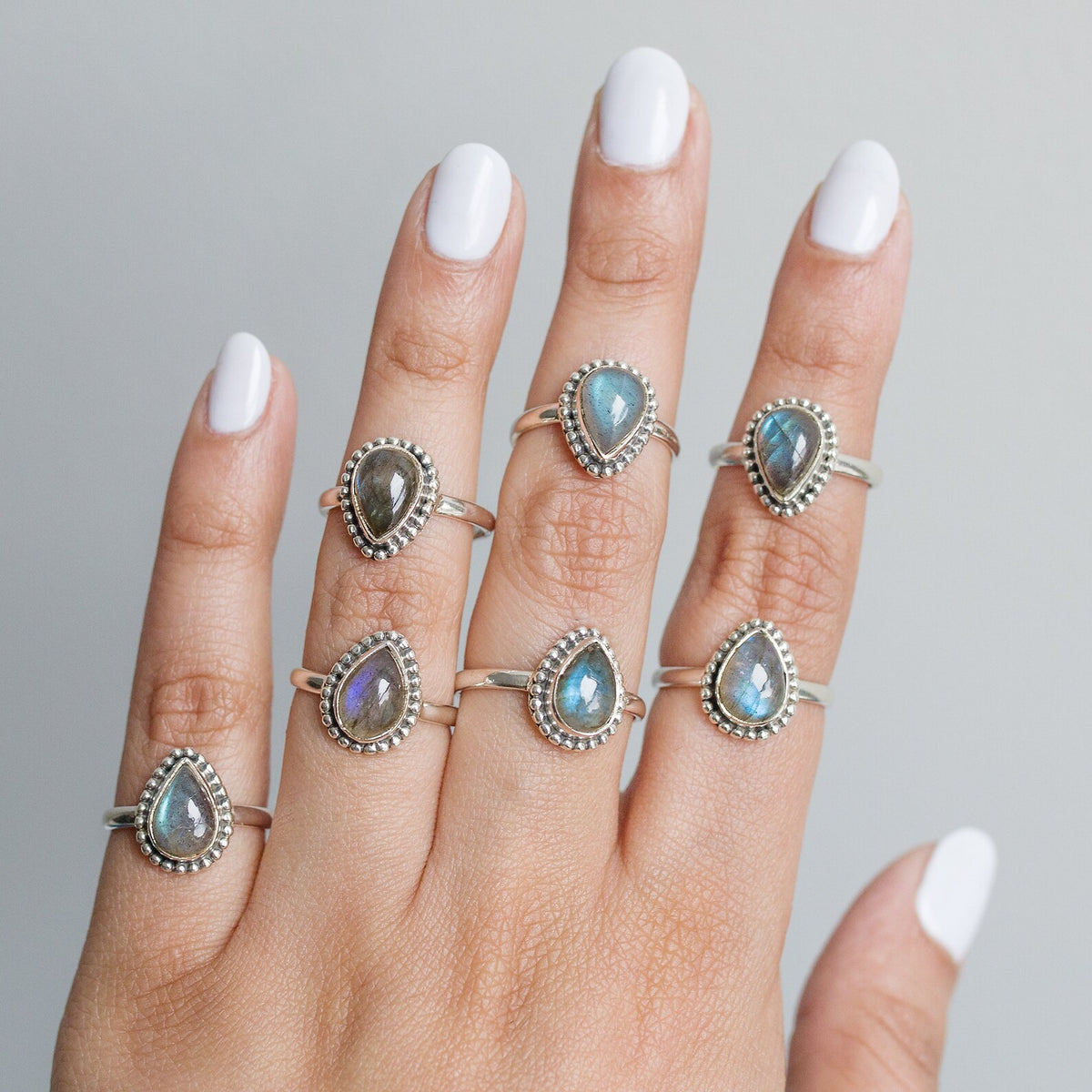 Labradorite Crystal Rain Drop Ring, Silver Dot Ring