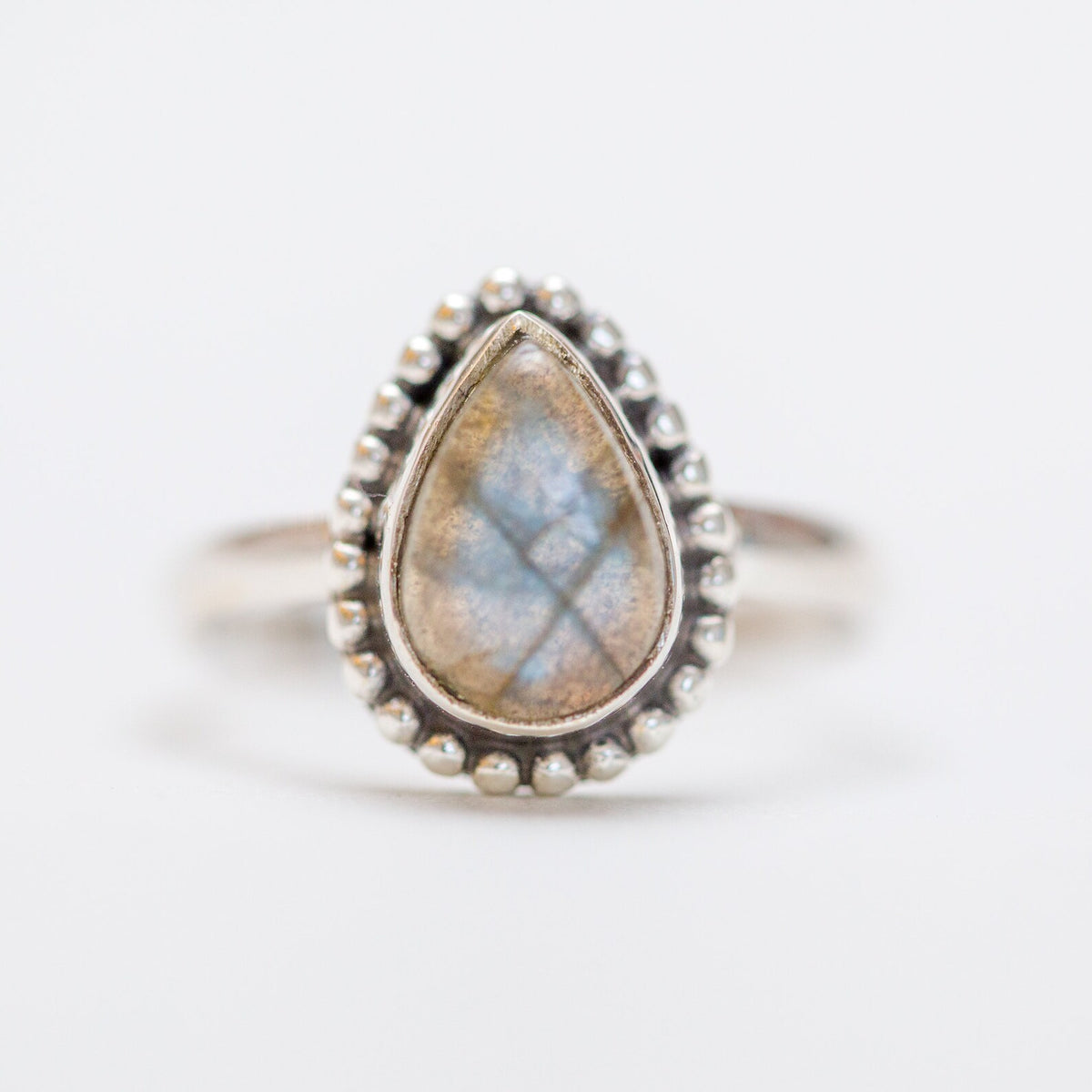 Labradorite Crystal Rain Drop Ring, Silver Dot Ring