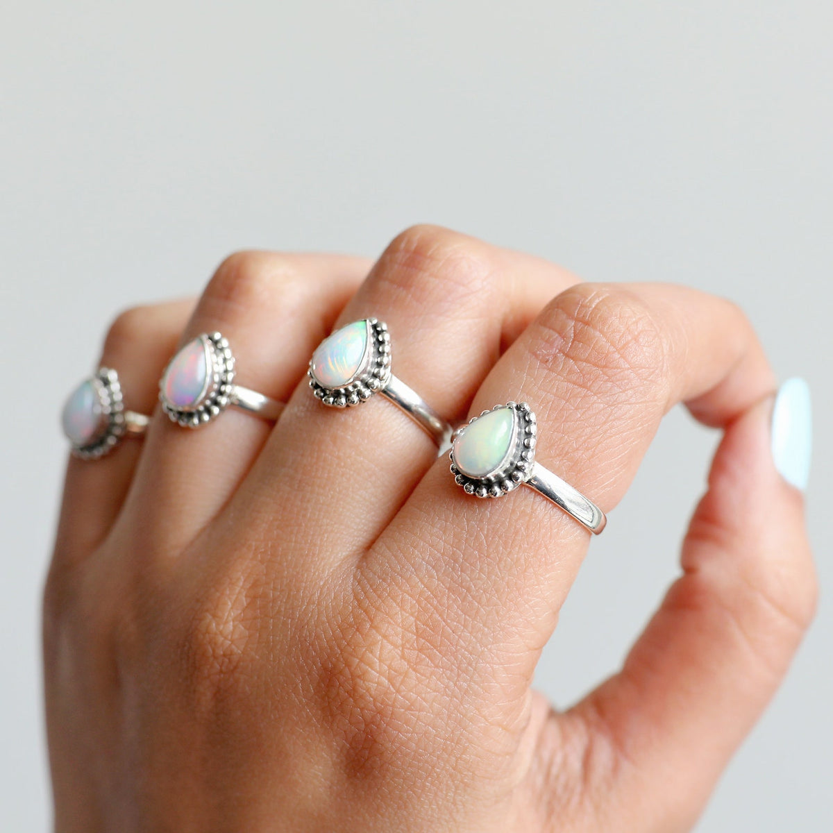 Ethiopian Opal Ring Rain Drop Silver Dot Ring