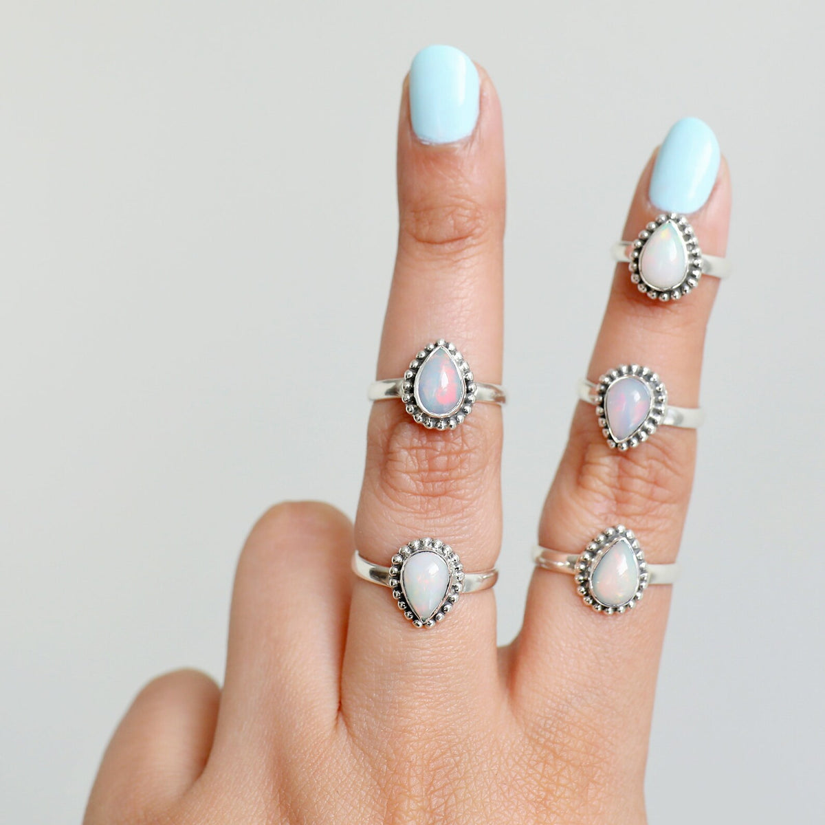 Ethiopian Opal Ring Rain Drop Silver Dot Ring
