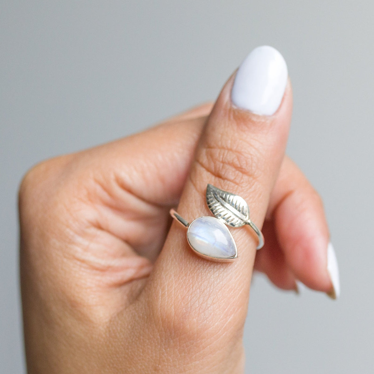 Moonstone Crystal Silver Leaf Ring, Adjustable Ring