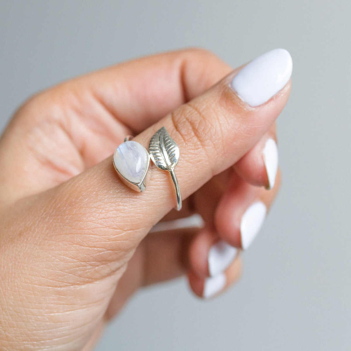 Moonstone Crystal Silver Leaf Ring, Adjustable Ring