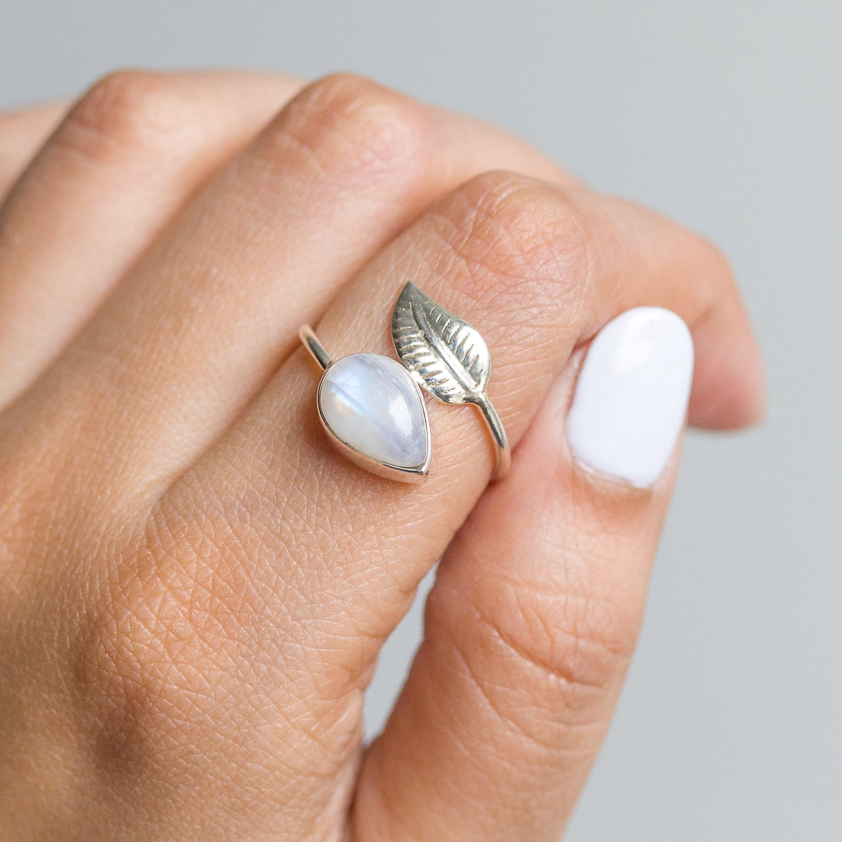 Moonstone Crystal Silver Leaf Ring, Adjustable Ring