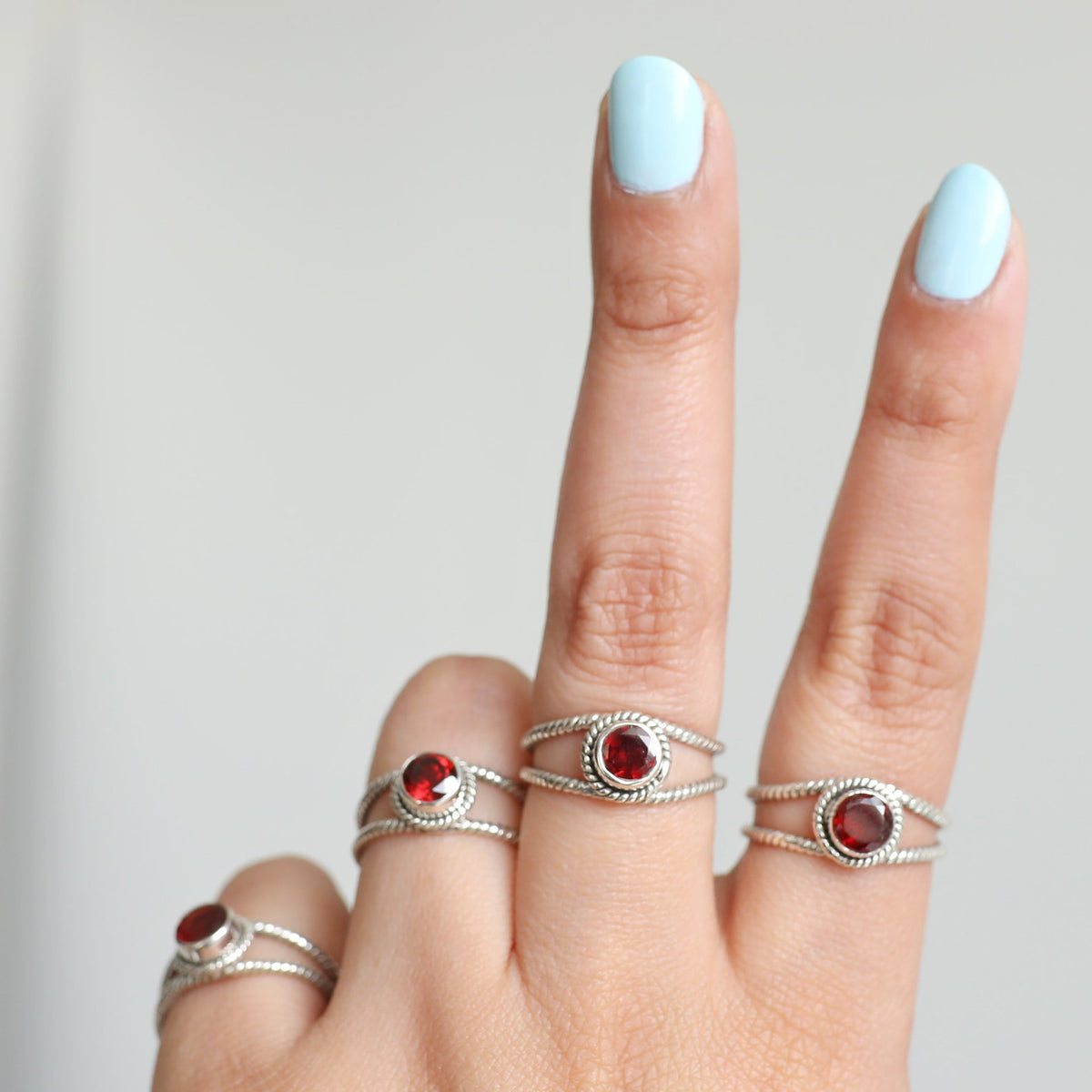 Round Garnet Ring, Twisted Silver Ring