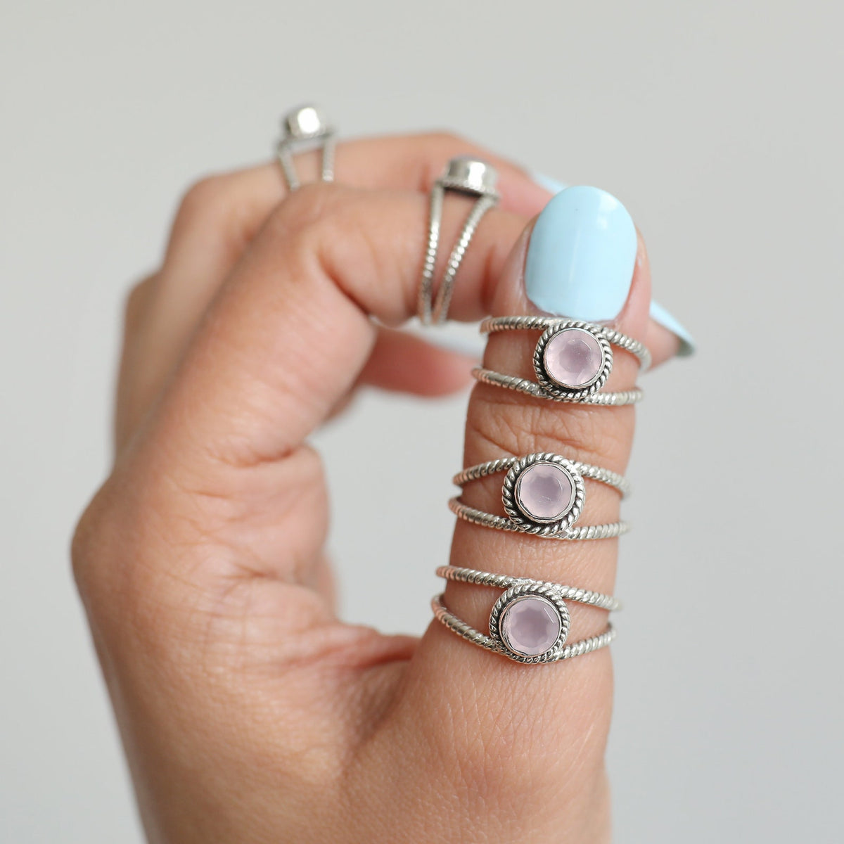 Round Rose Quartz Ring, Twisted Silver Ring