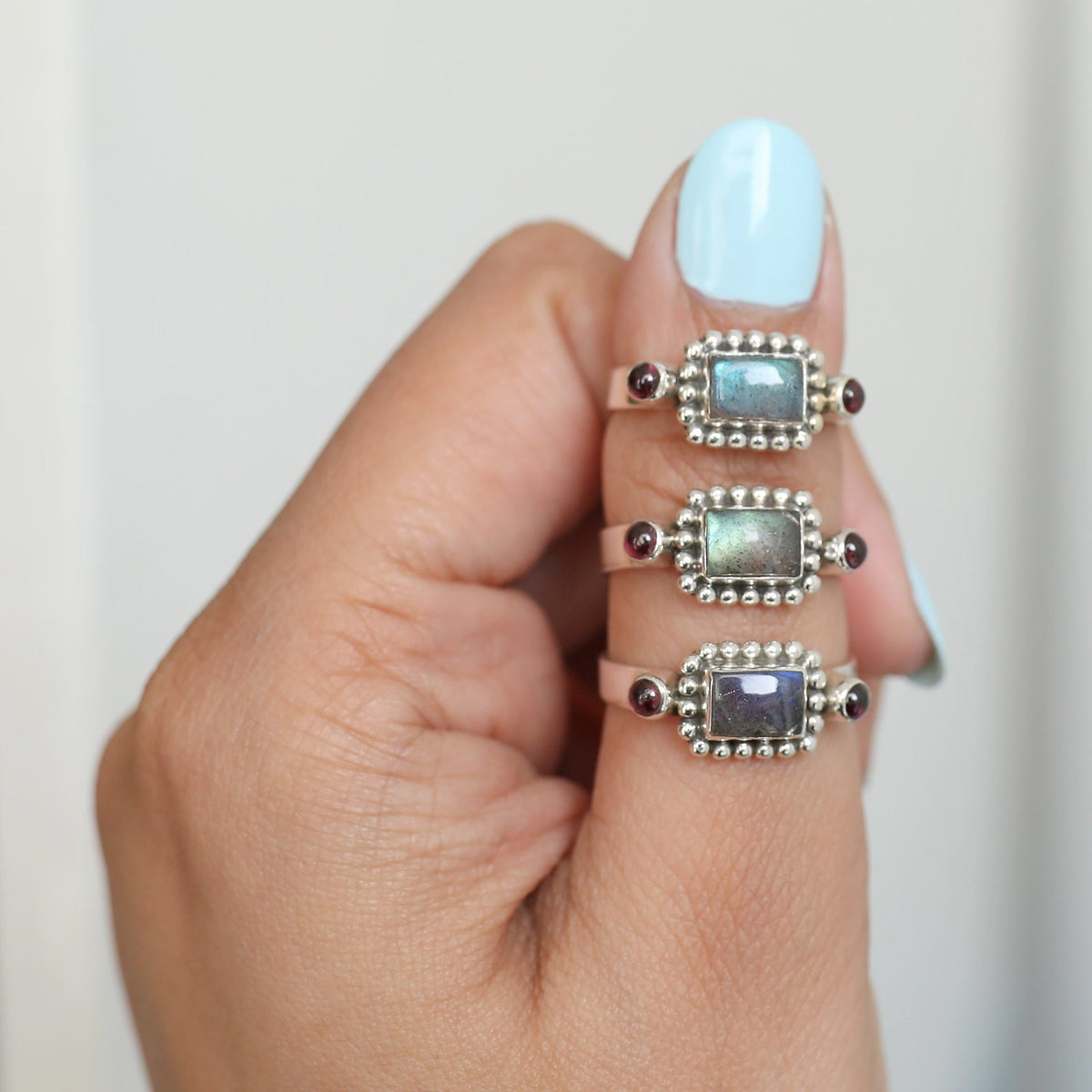 Natural Labradorite & Raspberry Garnet Sterling Silver Boho Ring